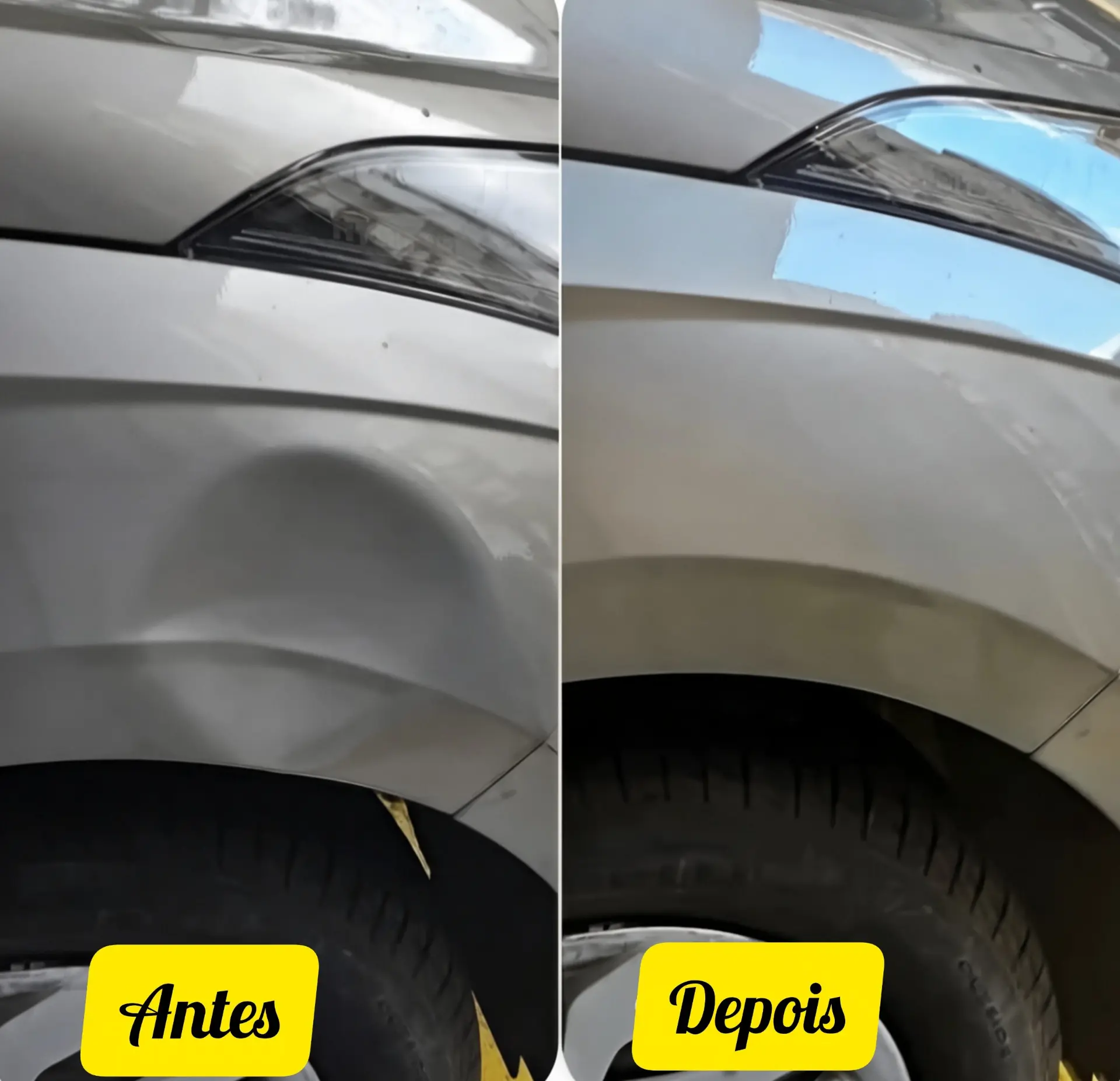 Antes e depois de reparo em paralama