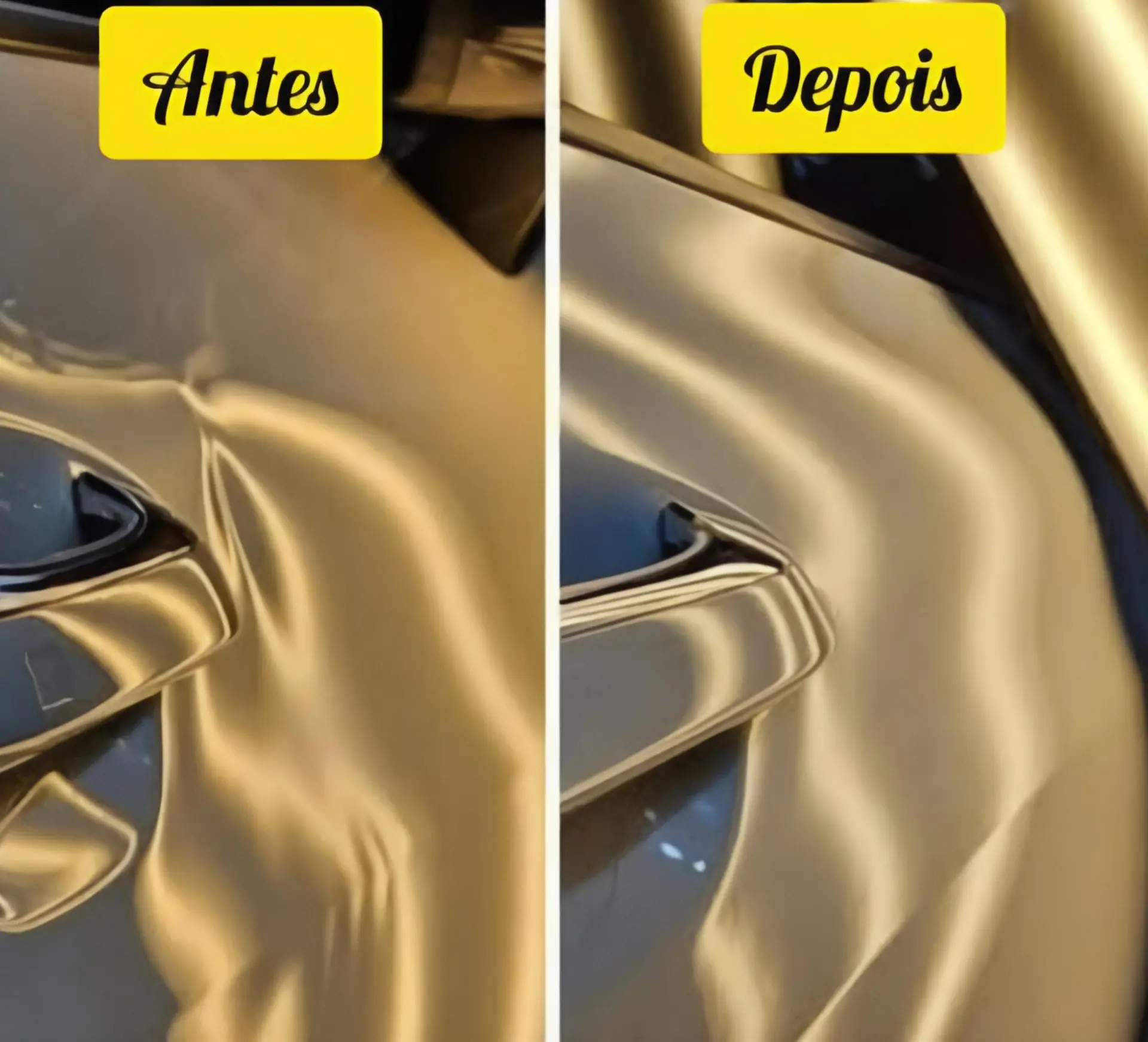 Antes e depois de reparo em carro dourado